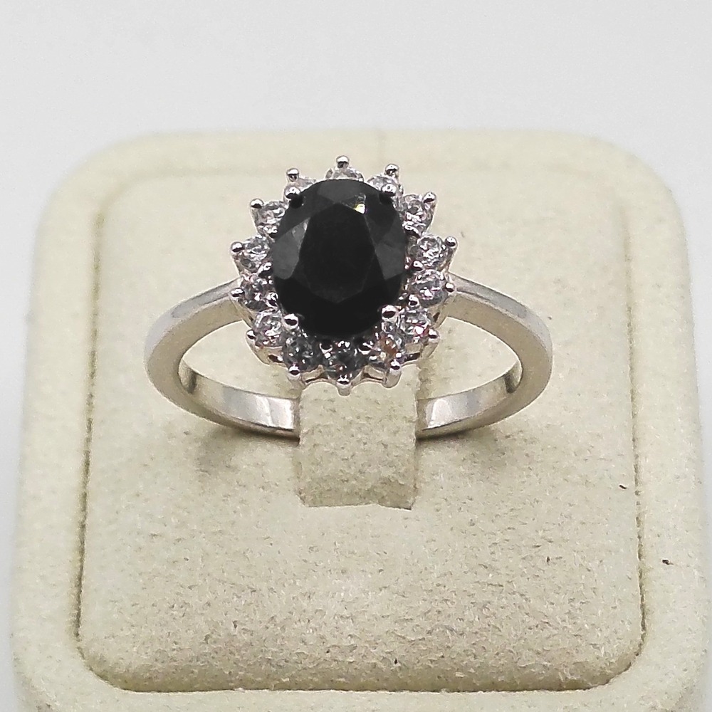 Silver Tone Oval Black Gemstone Halo Cocktail Ring Size 10